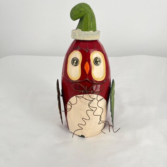 Whimsical Red & Green Owl Wooden Christmas Decoration With Santa Hat - Picture 1 of 2